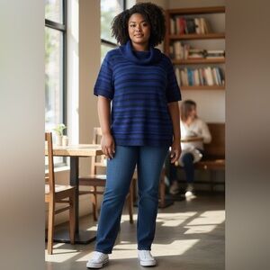 NWOT, Penningtons, Striped Cowl Neck Short Sleeve Sweater, 1X, Blue, Black